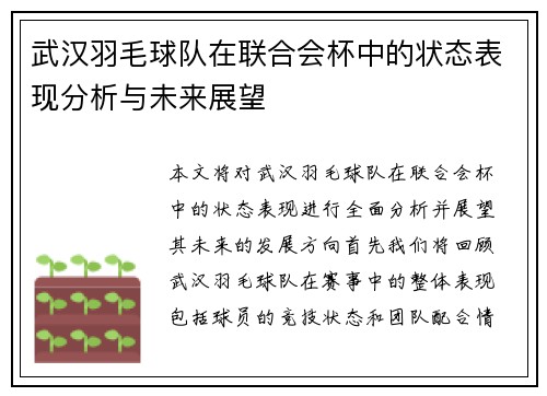 武汉羽毛球队在联合会杯中的状态表现分析与未来展望